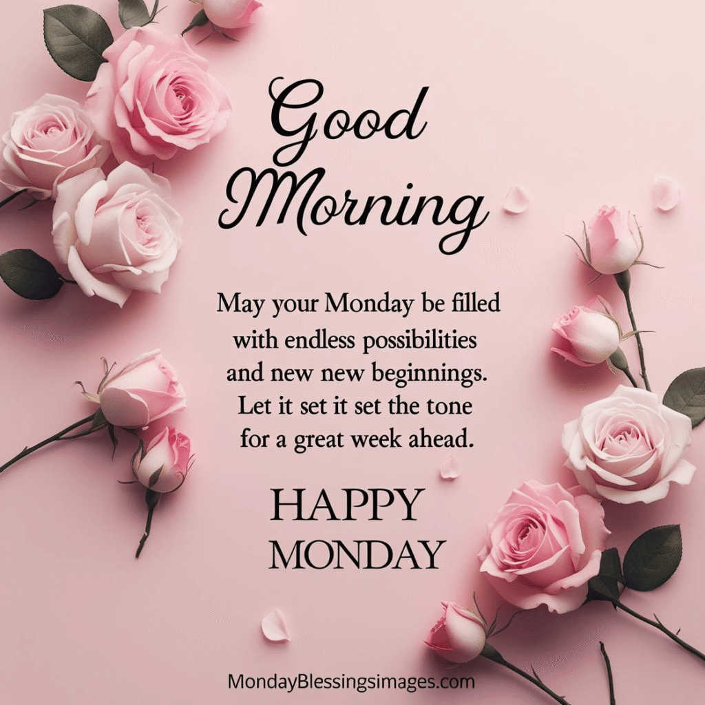 "Happy Monday blessings image with a soft pastel pink background, featuring delicate roses and elegant cursive text. The quote reads 'May your Monday be filled with endless possibilities and new beginnings. Let it set the tone for a great week ahead.'"

